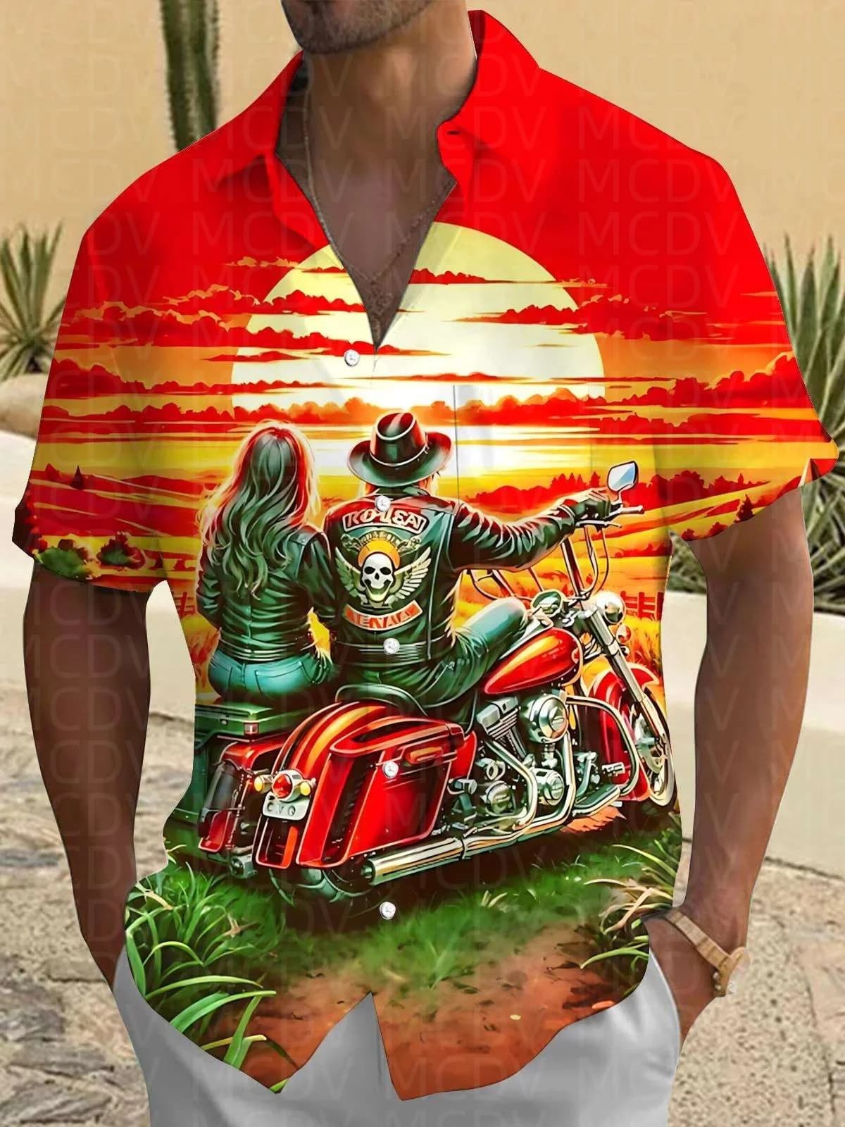 Camicia Hawaiana da Uomo con Motivo Motociclistico, Elasticizzata e di Facile Manutenzione, Taglie Grandi