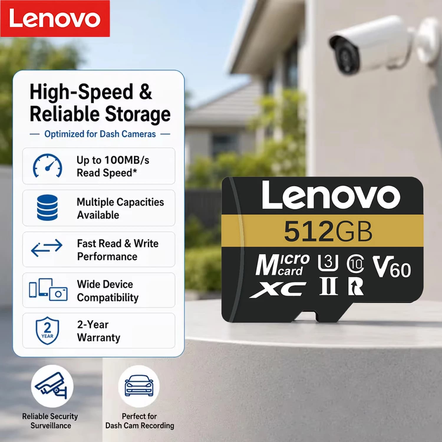 Lenovo High Speed Monitoring-Exclusive Micro SD Card 64GB 128GB 256GB U3 V60 TF Card High Speed 4K Ultra-HD Video Flash Card