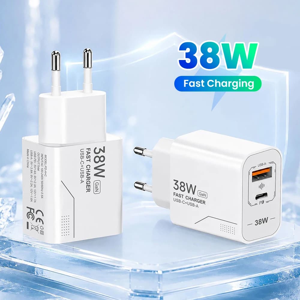 38W Dual Port USB‑A+Type‑C Fast Charging Wall Charger PD QC3.0 Travel Phone Charging Adapter For iPhone 17 Samsung Xiaomi