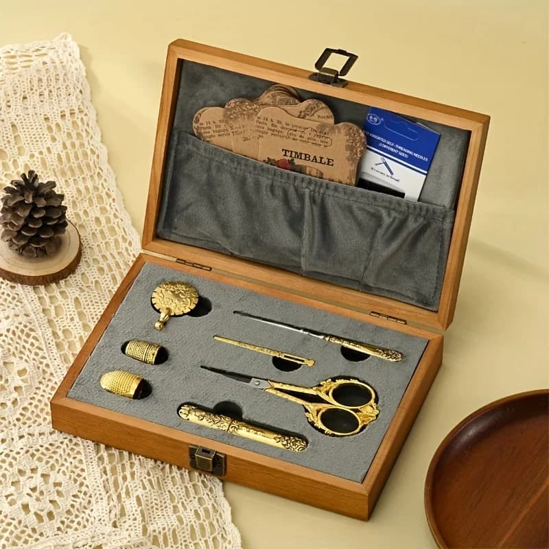 Kit di forbici da ricamo con scatola di legno vintage Forniture artigianali fai da te Strumenti Kit da cucito antico Strumenti da cucito omplete per artigianato da cucito