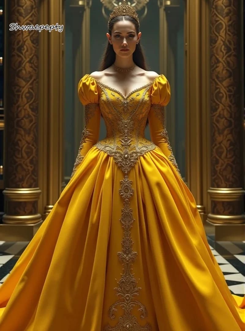 Abito da ballo giallo vittoriano vintage con maniche lunghe a sbuffo e applicazioni in pizzo, abito da sera principessa, abiti da festa formali personalizzati