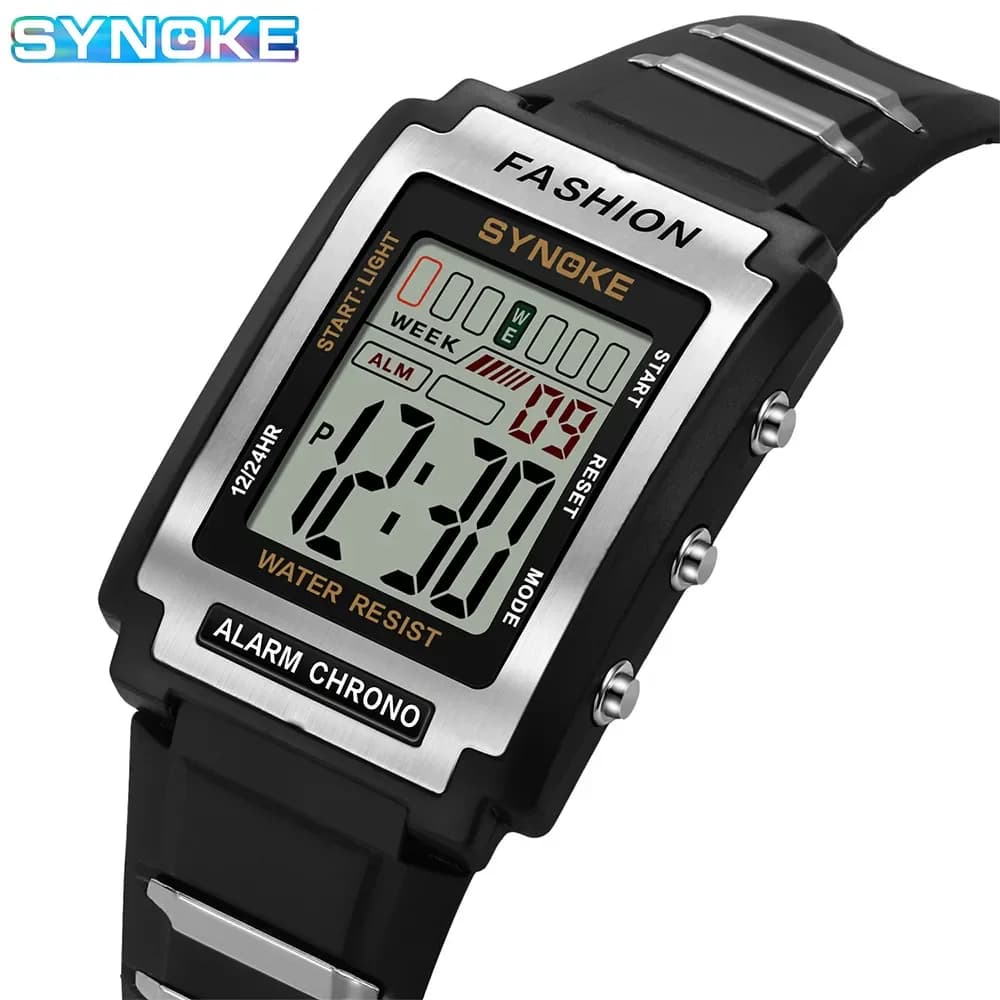 SYNOKE Rectangular Men's Sports Electronic Watch Waterproof 50M Night Light Large Screen Trend retro style