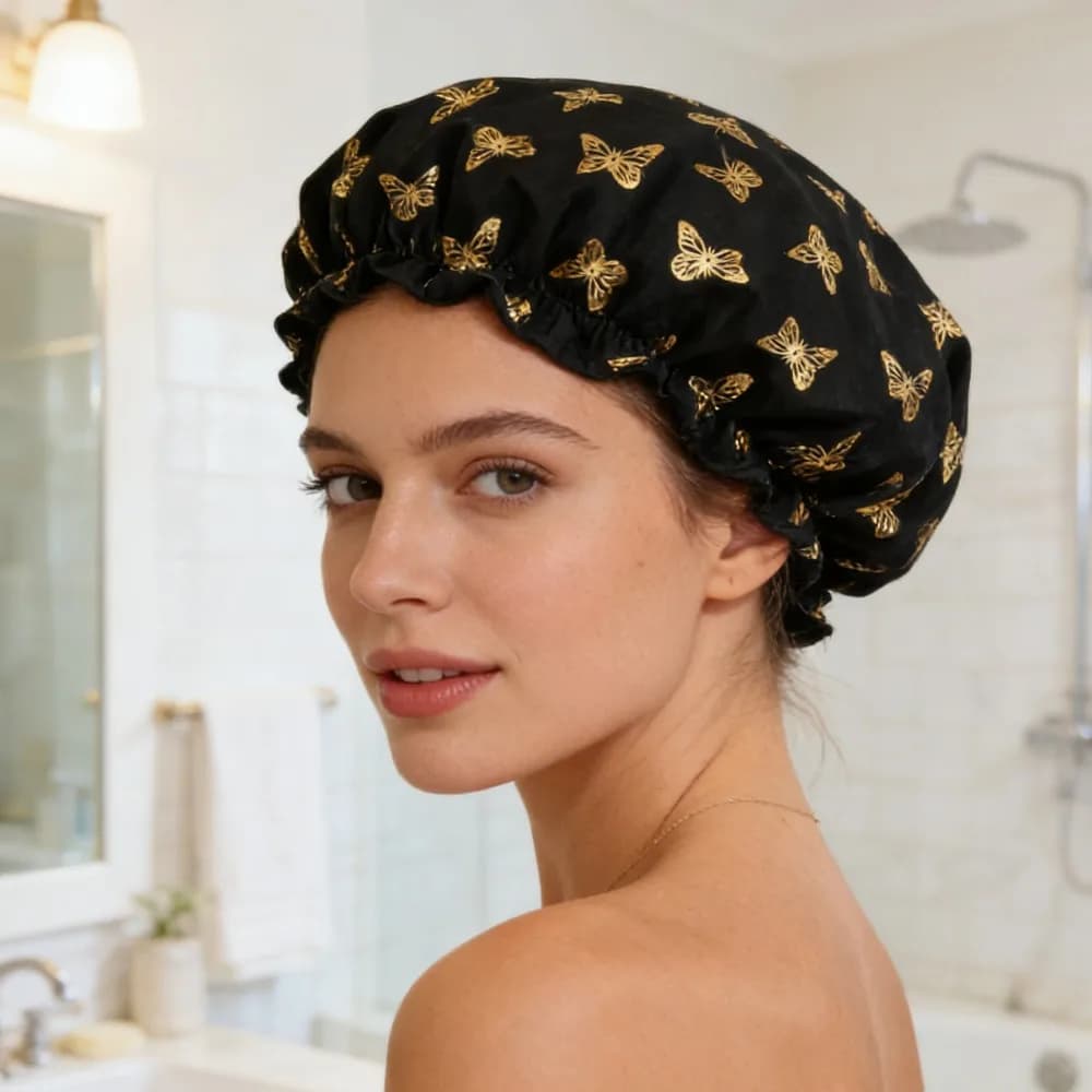 Cuffia da doccia impermeabile da donna, copricapo elastico riutilizzabile per il bagno, cuffia da doccia portatile per casa, spa, salone, nuoto, viaggi
