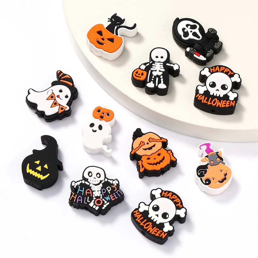 10 pezzi di perline in silicone tema Halloween scheletro perline sparse per fai da te con perline penna braccialetto collana creazione di gioielli accessori