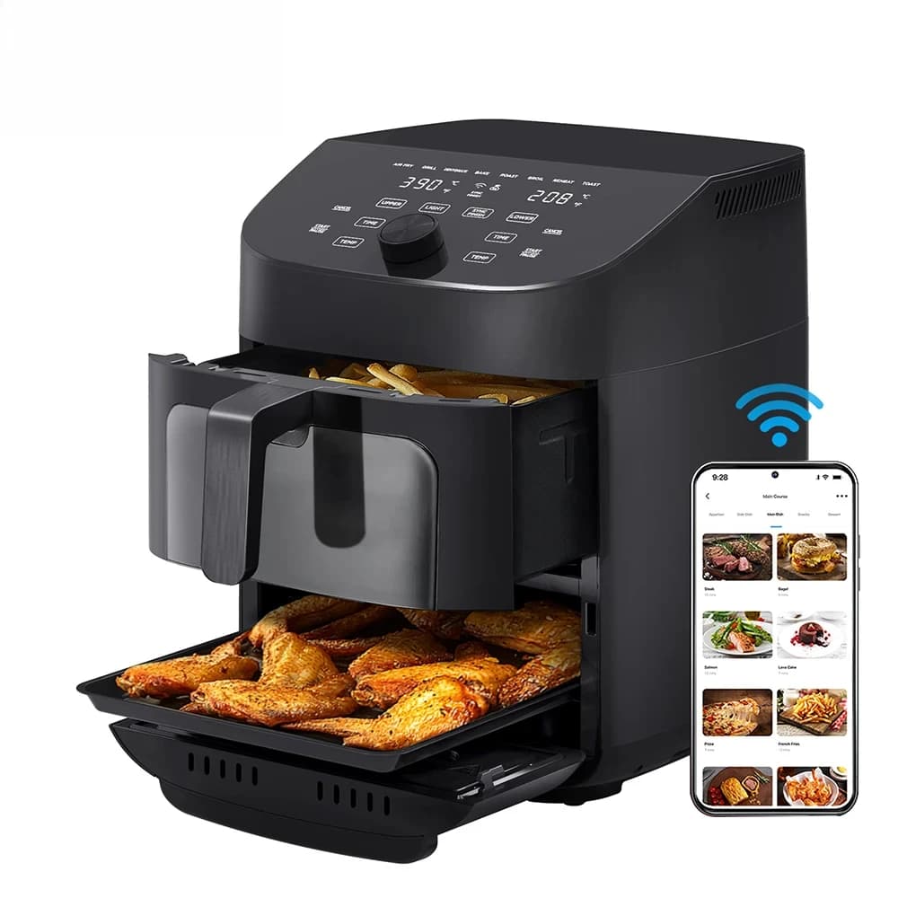 For Midea Dual Basket Air Fryer Oven 11 Quart 8 in 1 Functions Transparent Window Smart Synchronization Finish Works with Alexa Wi-Fi Connectivit