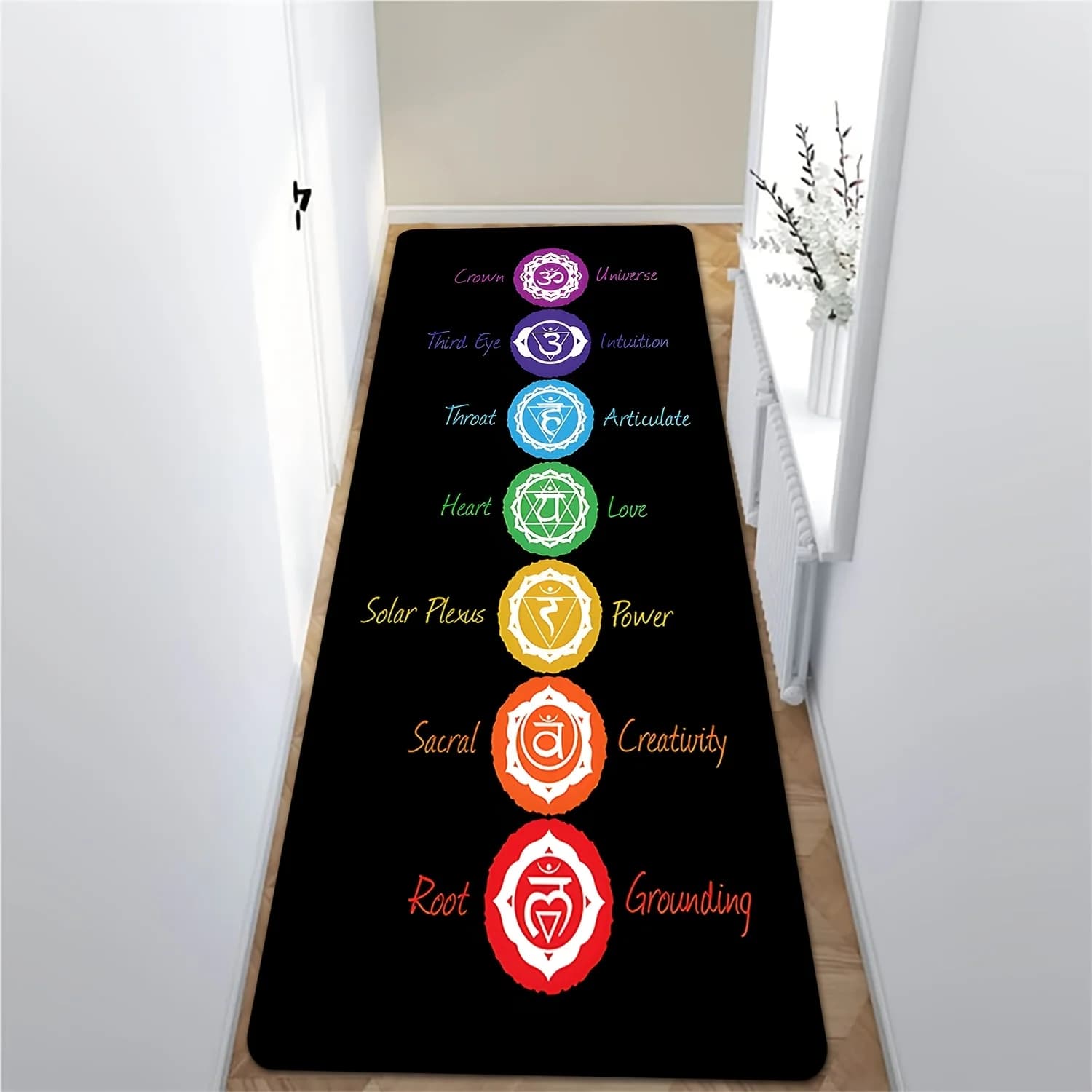 Premium Flannel Carpet with 7 Chakra symbols - Soft Anti-slip Yoga Mat - Washable Spiritual Decoration in Washing Machine - Meditation Mat