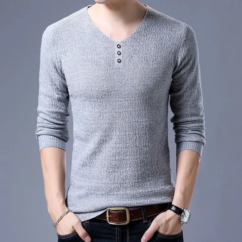 New V-neck Men's Sweater Korean Style Men's Sweater Button Bark Men's Sweater Slim Base Shirt Top