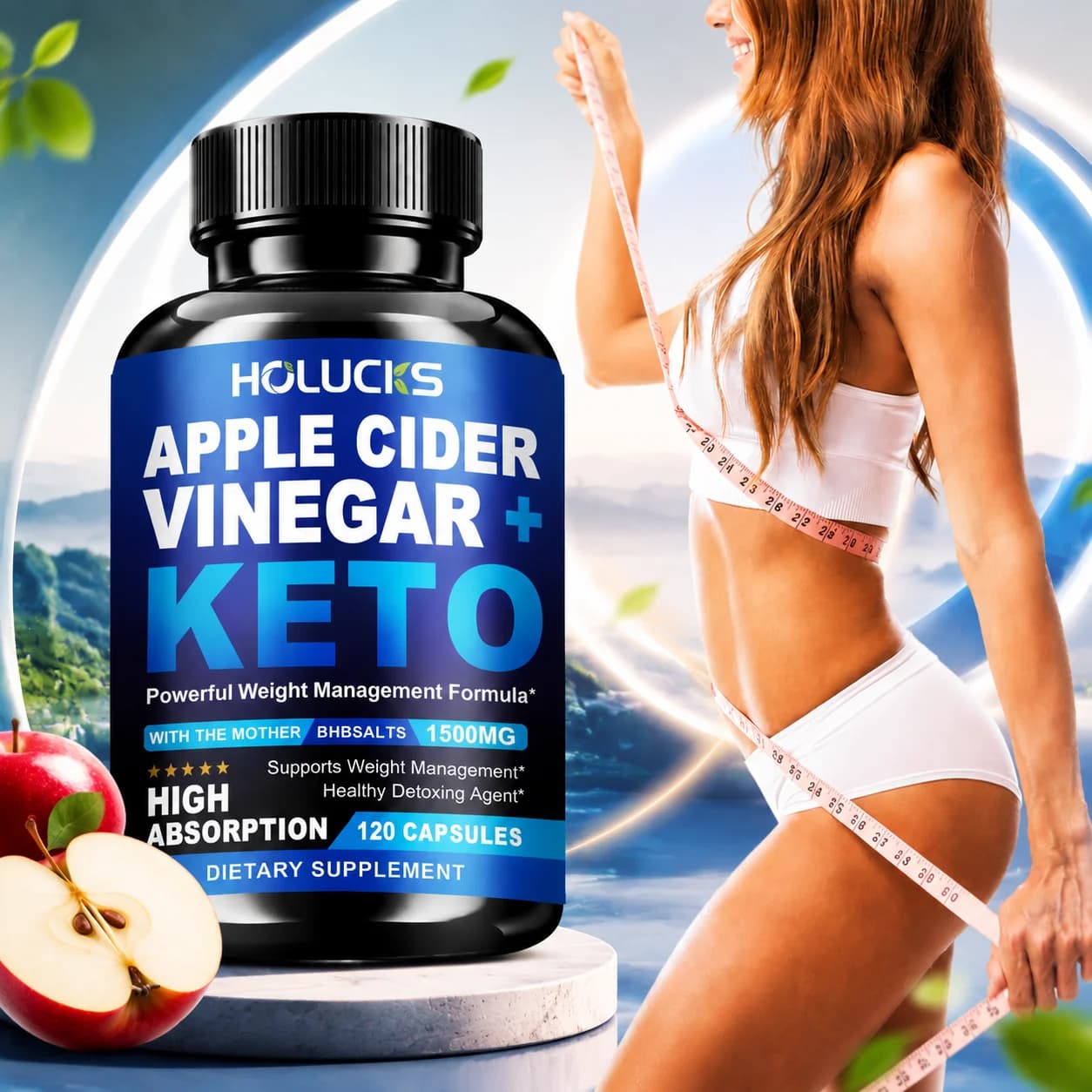 Natural Apple Cider Vinegar Keto Supplement, with BHB Complex, Support Gut Digestion, Colon, Skin Health, Sports Vitality