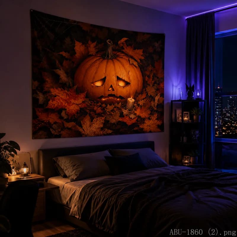 VIKAMA Spooky Halloween Pumpkin Tapestry, Glowing Jack Lantern with Fall Leaves Wall Art for Home Decor