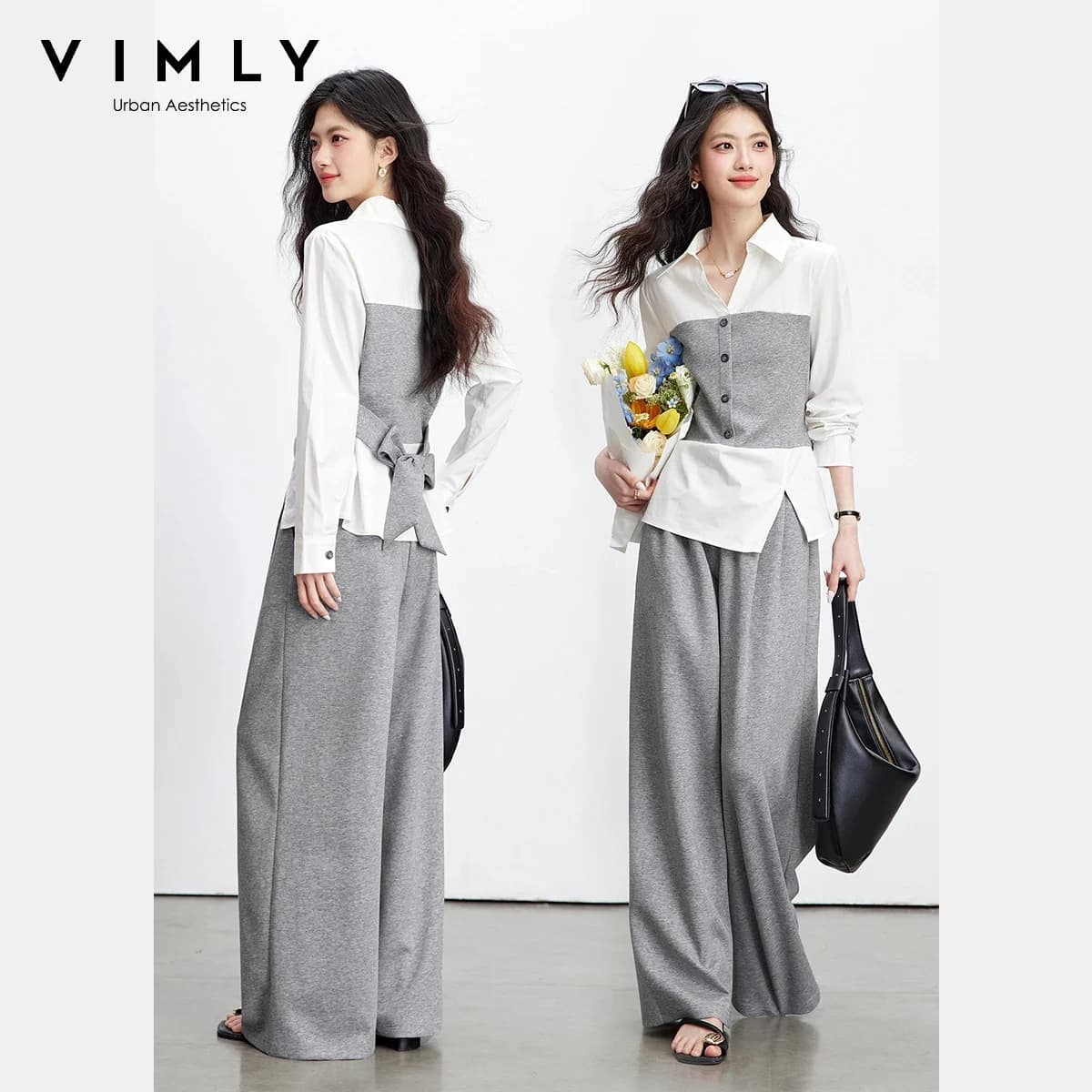 VIMLY women's suit for commuting, set 2 pieces, spring 2026, new casual, contrasting color, fake two pieces, waistband shirt and wide leg pants, 30782