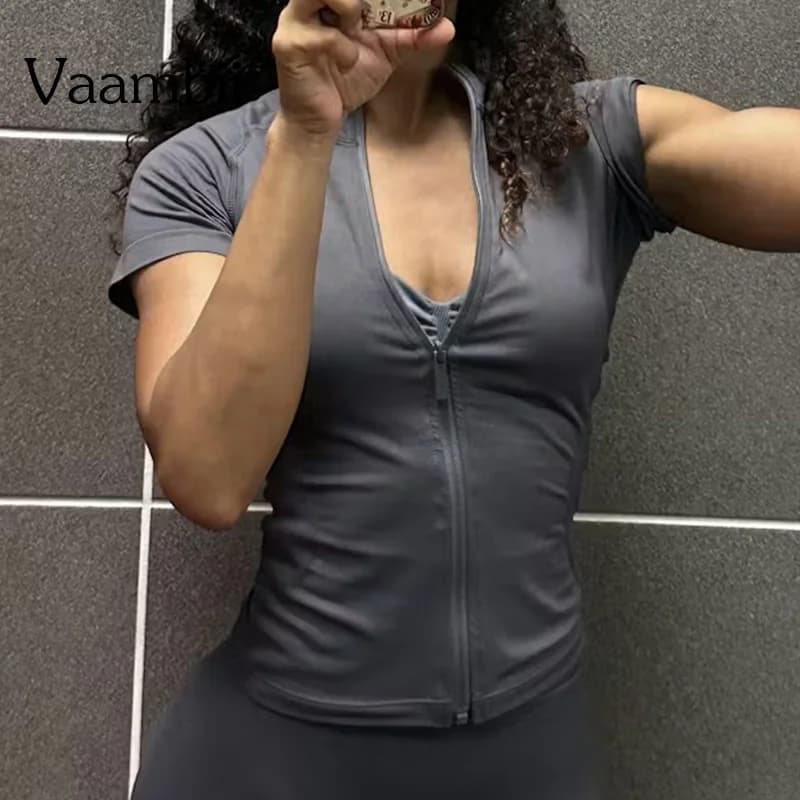 Magliette Traspiranti per Fitness e Pilates, Top Yoga a Manica Corta con Zip Dyna, Giacca da Corsa, Abbigliamento da Palestra Senza Cuciture
