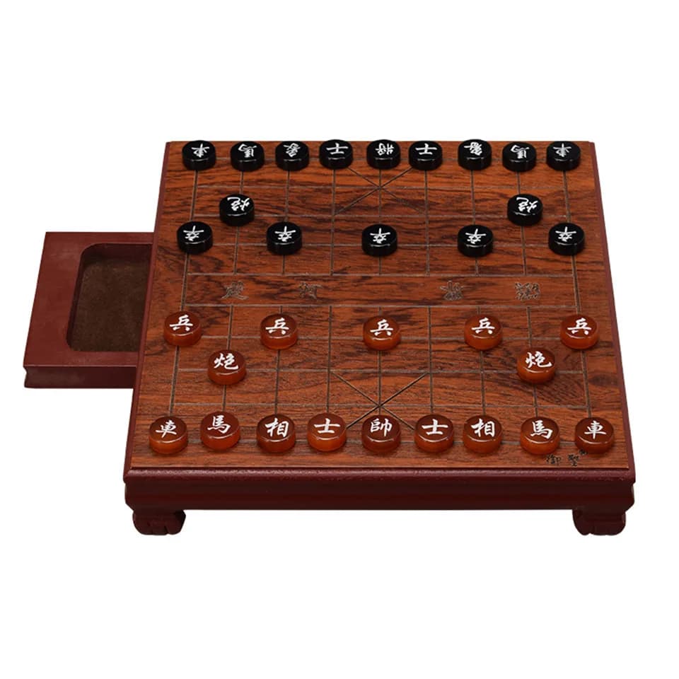 Set di scacchi cinesi di lusso, Xiang Qi cinese, scacchiera in scatola di legno con cassetto Pezzi di agata Gioco di scacchi Xiangqi, gioco di puzzle