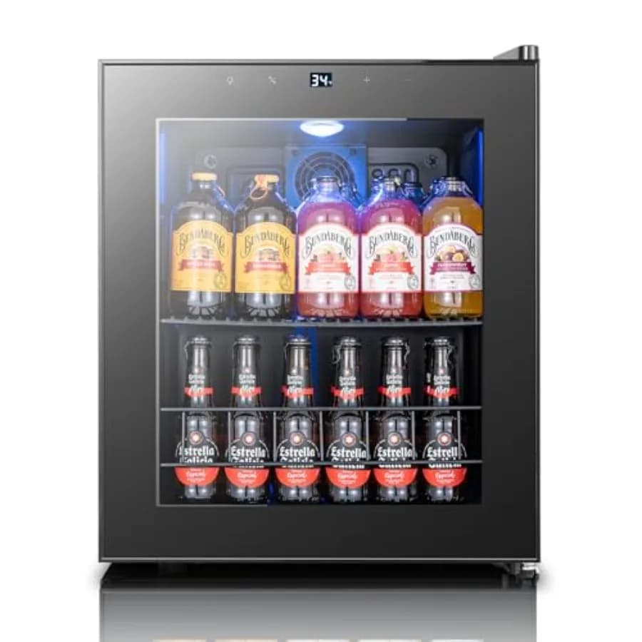 Beverage Refrigerator Cooler for home office or bar, tempered glass door, black, digital temperature control 34F54F,holds 65 ca
