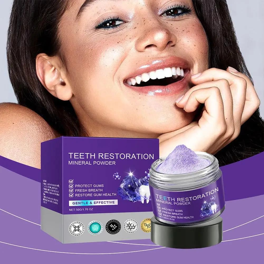 Ripristino dei denti Sbiancamento minerale Polvere per denti Rimuovi macchie Pulito orale Alito fresco Migliora l'odore Dentifricio sbiancante viola