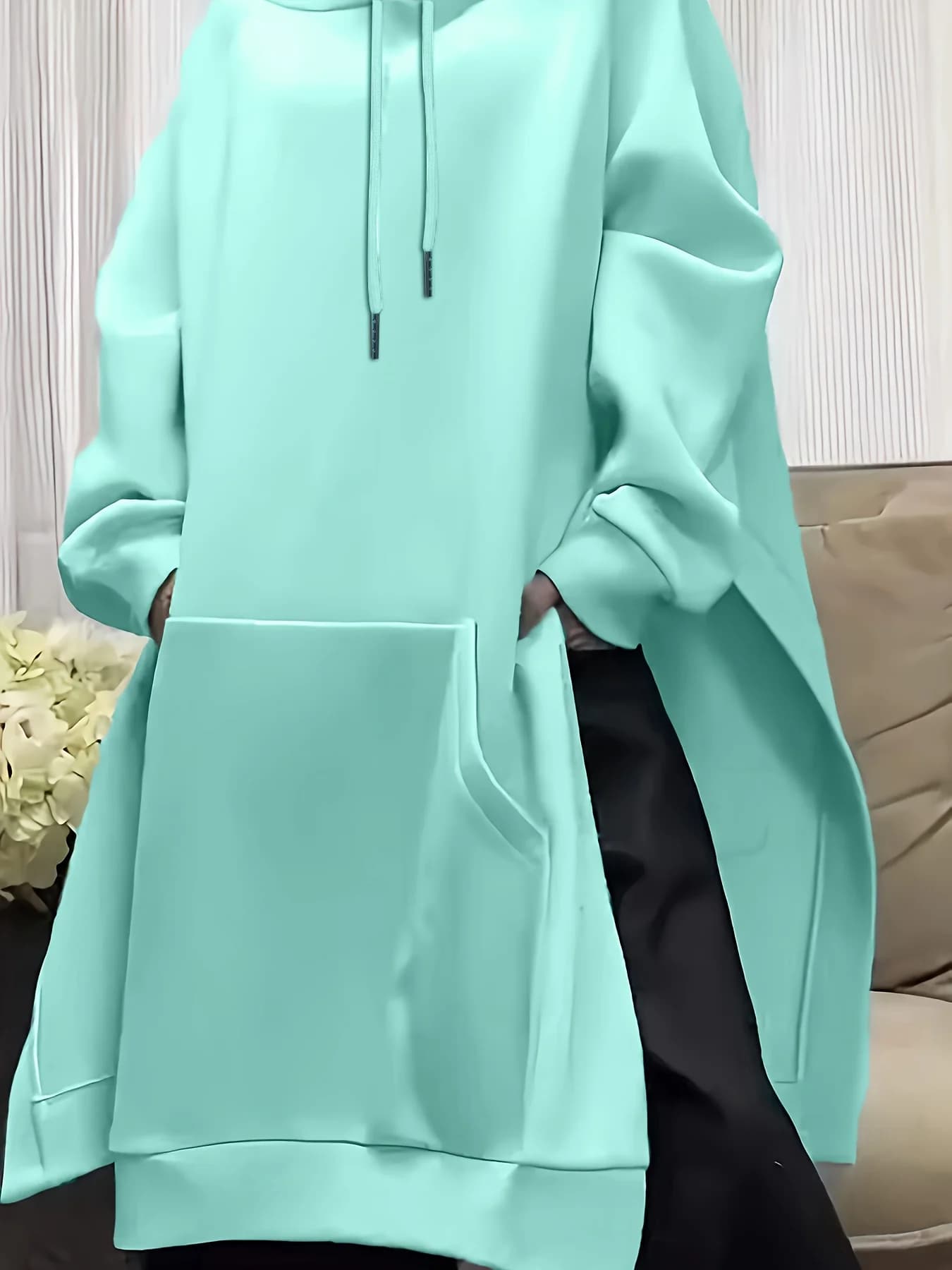 Felpa con cappuccio casual da donna di media lunghezza con spacco laterale tinta unita a maniche lunghe taglie forti