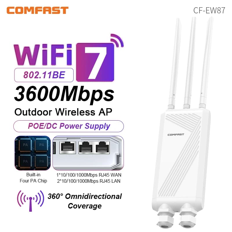 Comfast Outdoor CPE WiFi7 3600Mbps Wireless AP 2.4/5.8GHz Ripetitore WiFi Router AP Punto di accesso Antenna WiFi Extender Adattatore POE