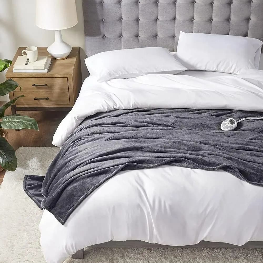 Plush Electric Blanket with Auto-Off Timer, Low EMF, Multi-Level Heat, ETL Certified, Washable, Grey Twin Size