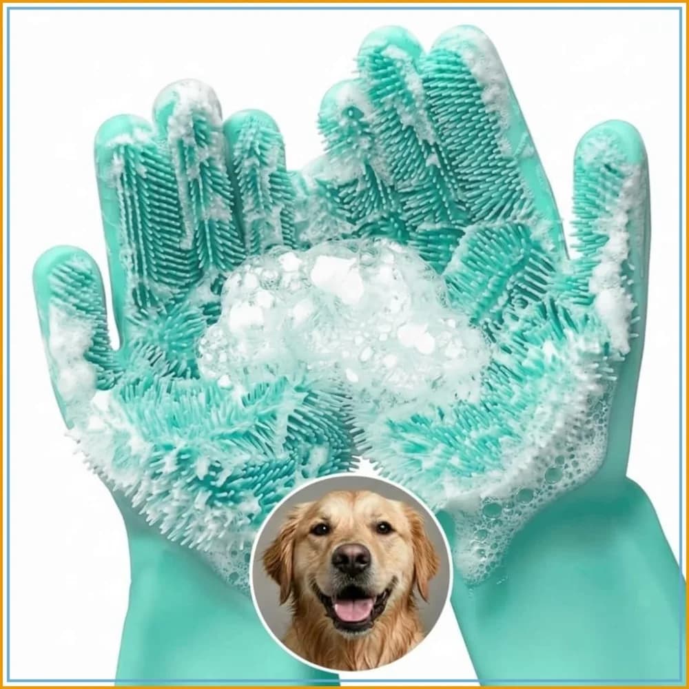 2-in-1 Cat & Dog Shampoo Gloves with 3000 Soft Bristles, 11.6" Silicone, Massage & Grooming, Turquoise