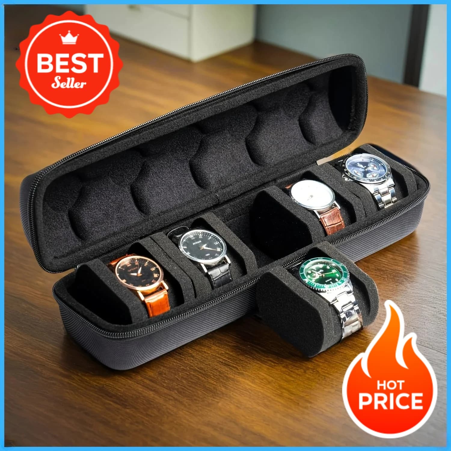 1 5 slot watch case | Travel organizer with hard shell with pillow insert - Ready gift (black), suitable for storing smart watches