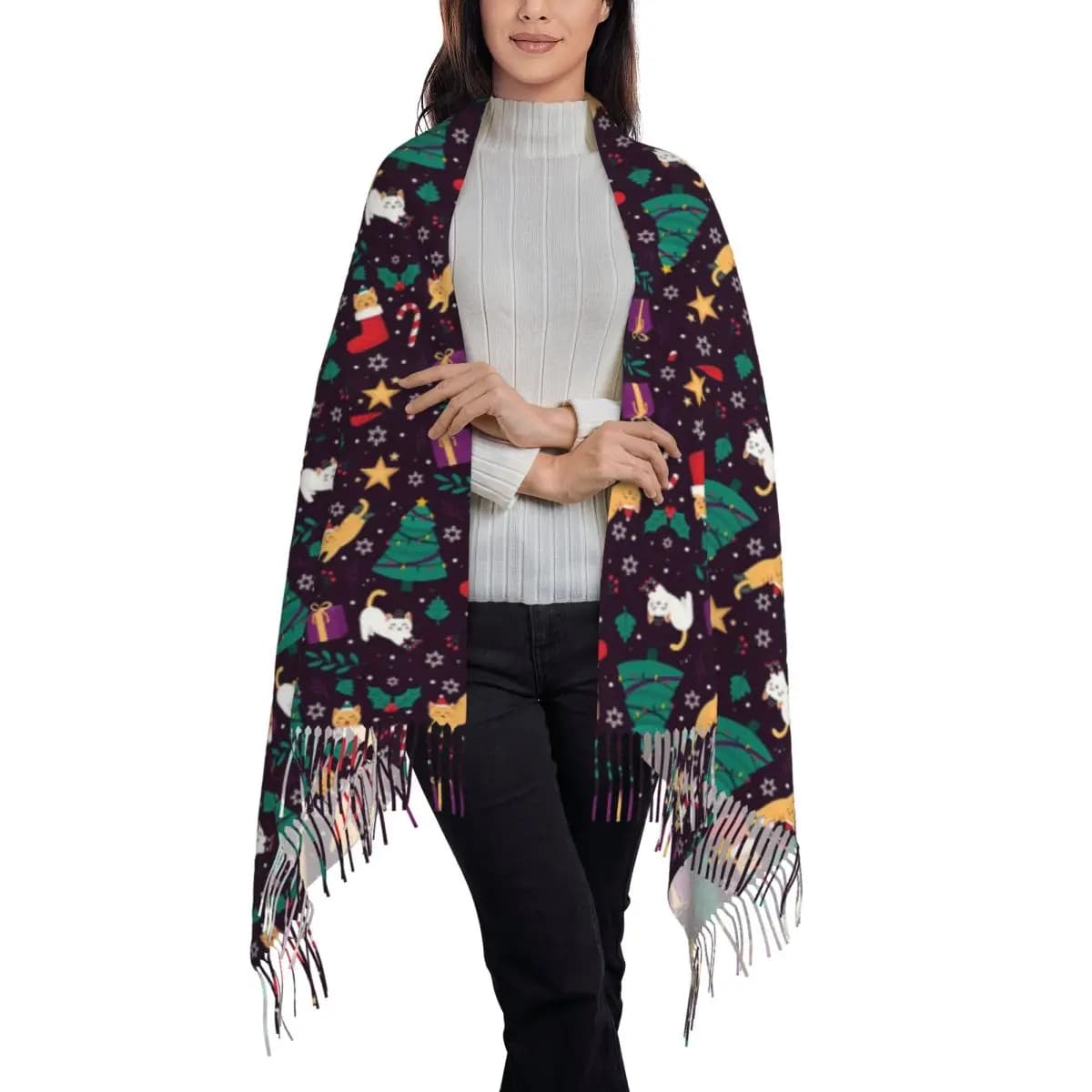 Cute Cats Christmas Tree Pattern Scarf Tassel Scarves for Women Soft Warm Shawls and Wraps Large Fall Winter Shawl Wrap