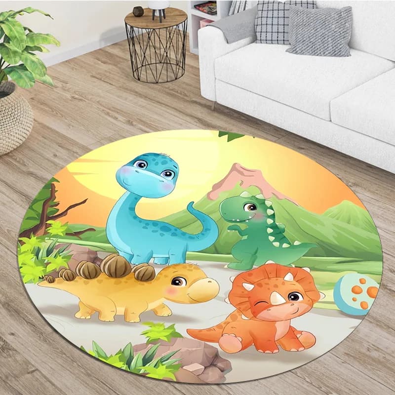 Cute Cartoon Dinosaur Mountain Sunset Round Rug, Jurassic Baby Dino Green Plant Floor Mat for Kids Bedroom Playroom Sofa Side