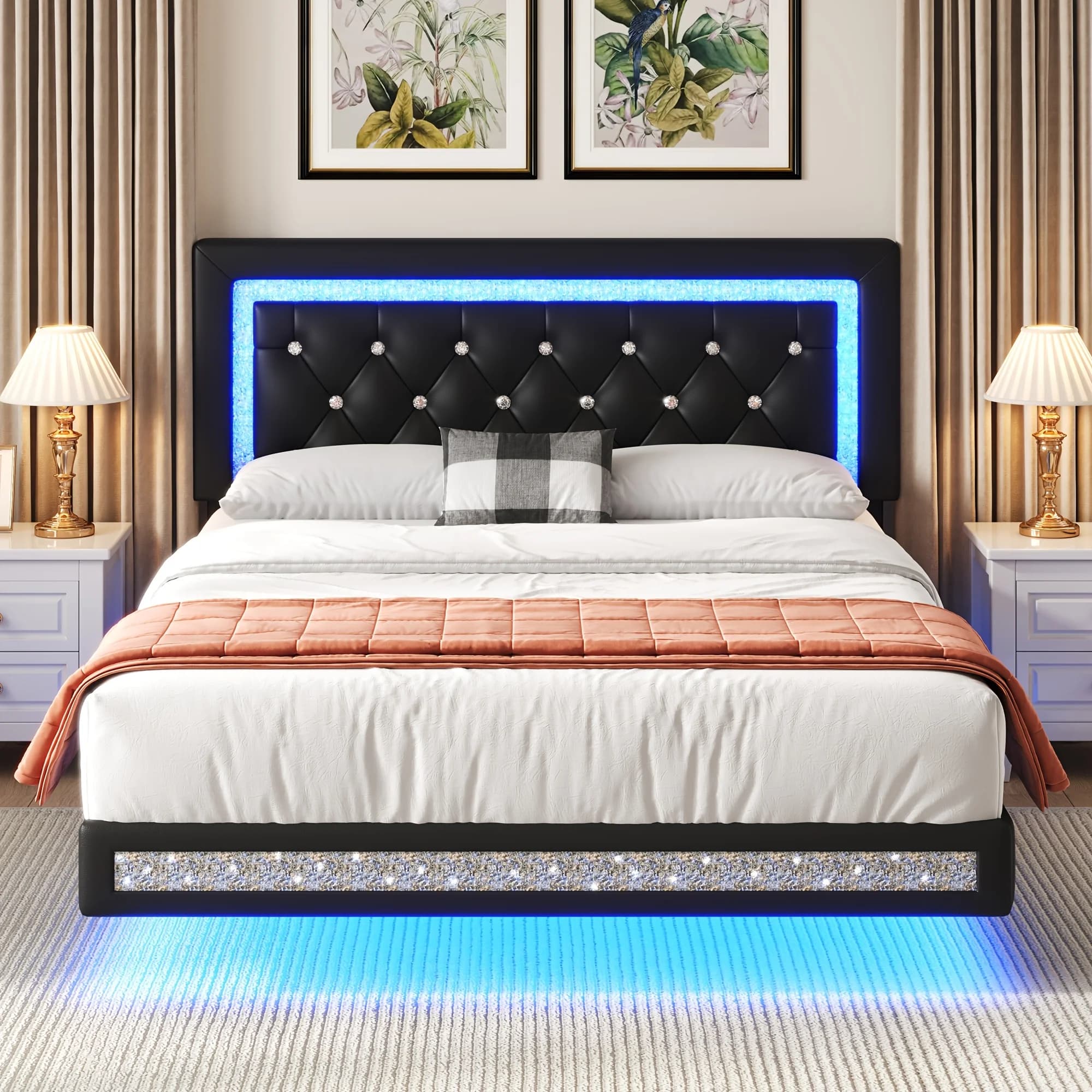 MRAEER Base Letto Matrimoniale/Queen in Velluto Trapuntato Diamantato Silenziosa | Luci a LED, testiera trapuntata a rombi, testiera regolabile, senza materasso