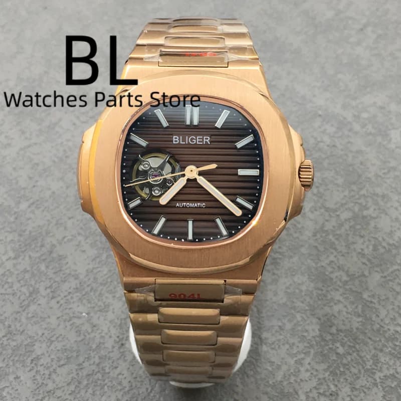 BLIGER 40MM Square Rose Gold NH38 Movement Automatic Mechanical Watch For Men Sapphire Crystal Brown Dial Stainless Steel Straps