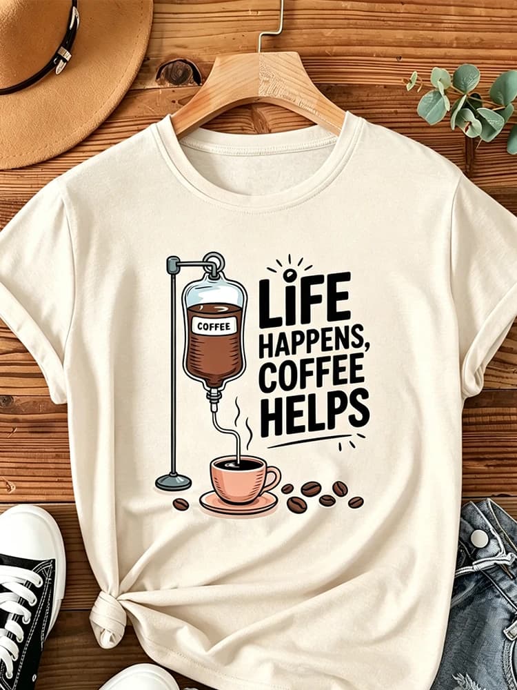 Humorous Animal T-shirt Men Women Casual Coffee Themed Tshirt with "Coffee Helps" Slogan Short Sleeve Round Neck Streetwear