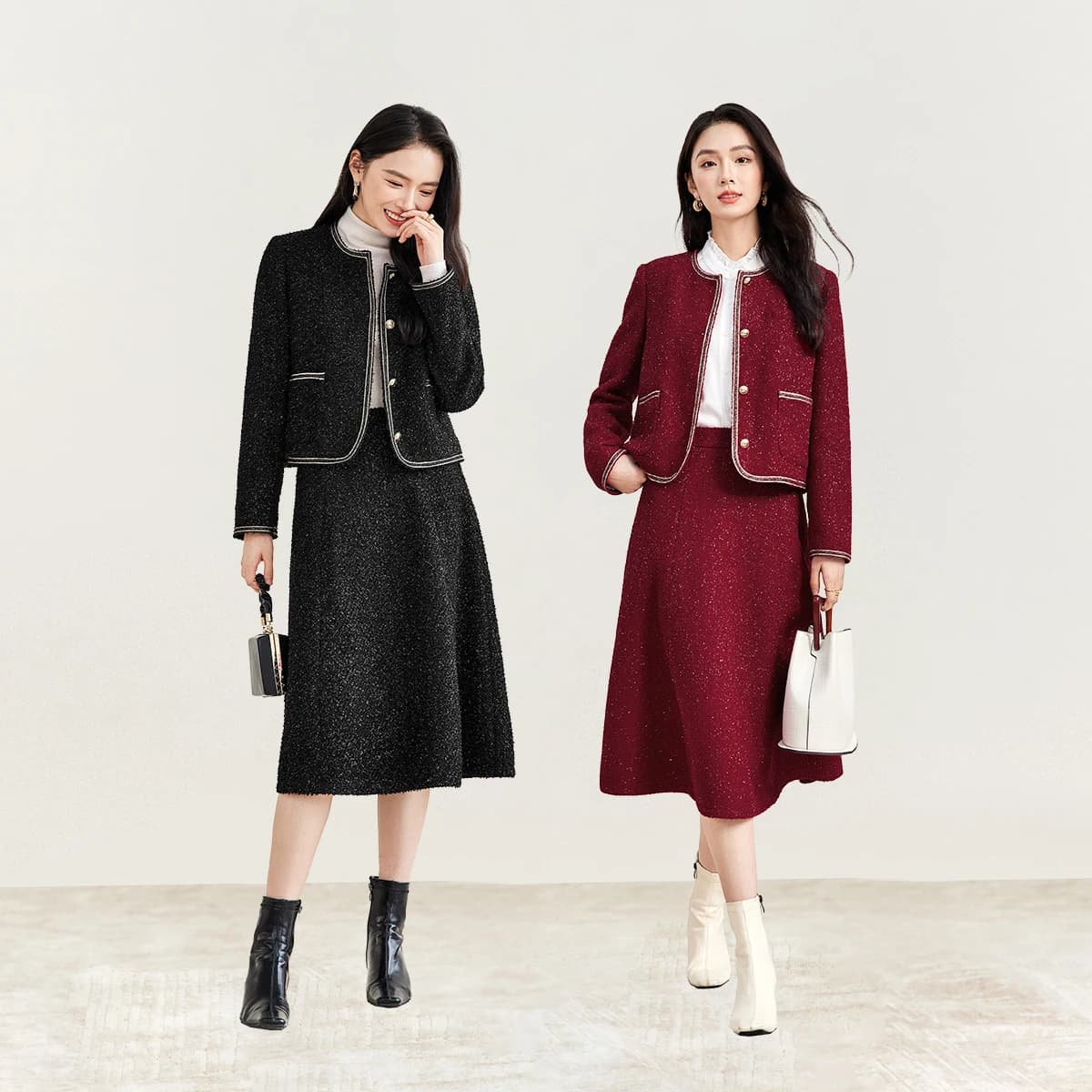 SENTUBILA Completo da Donna in Tweed a 2 Pezzi, Elegante Outfit Primavera 2026, Giacca Corta Imbottita con Bordi a Contrasto e Gonna 144Z57533