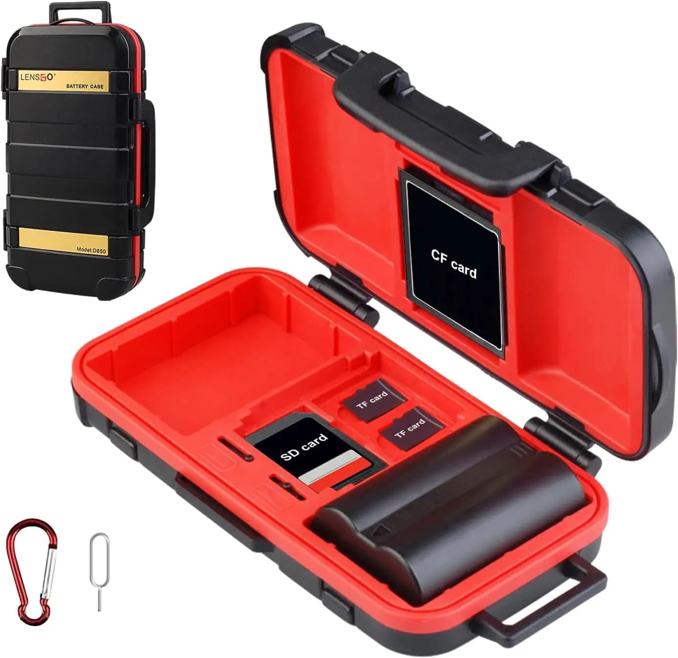 Scatola Impermeabile Antiurto per Batterie e Schede di Memoria per Fotocamera, Contiene 2 Batterie, 4 Schede SD, 2 Schede CF e 8 Schede TF