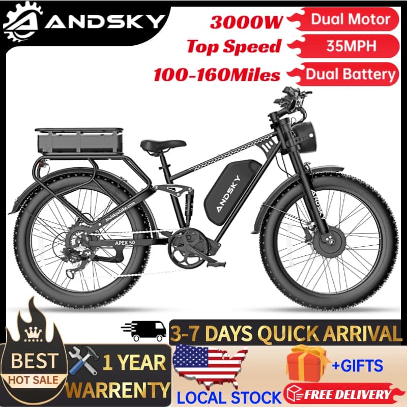ANDSKY Apex50 AWD Electric Bike 3000W Dual Motor 52V/48V 25Ah Removable Dual Battery 160Miles Super Long Range Adults 35MPH Full Suspension 26x4 Fat Tire Off-Road E-Bike with 6-Piece Kit