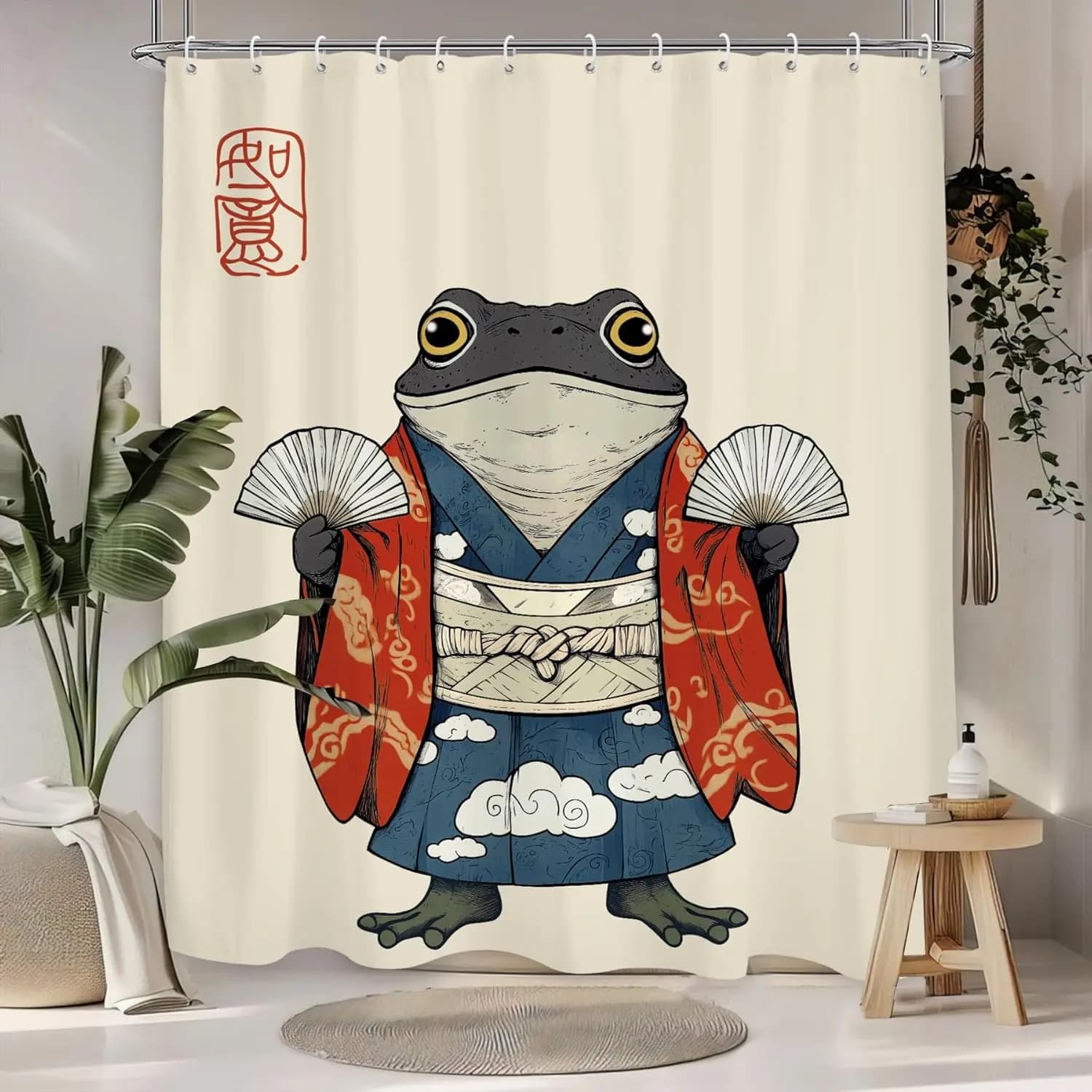 Japanese Frog Shower Curtain,Funny Cute Shower Curtains for Bathroom Decor, Animal Asian Cool Hilarious Shower Curtain Set Home