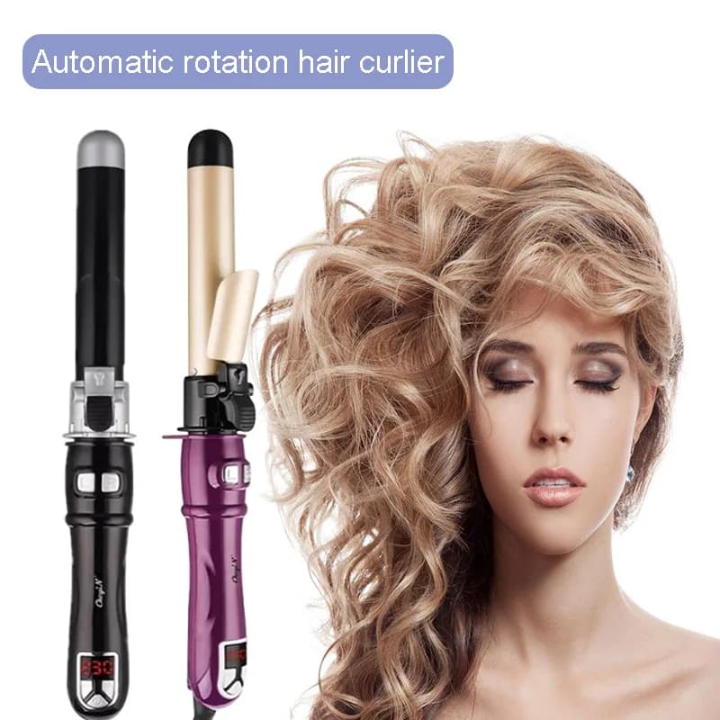 Professional electric curling iron with automatic rotation, LCD temperature, quick adjustable heating, berth device for hairstyles