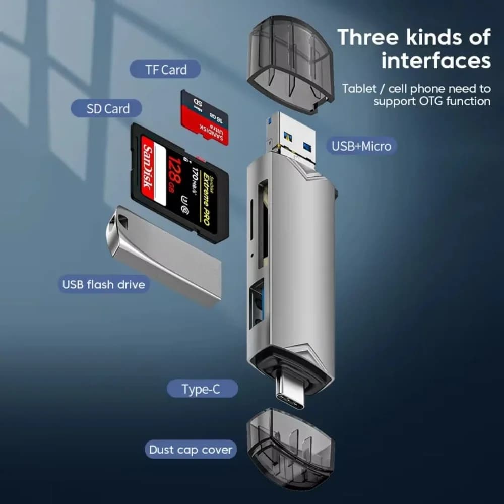 Lettore di schede SD TF USB 3.0 OTG 6 in 1 Adattatore da USB a tipo C Unità flash Lettore di schede di memoria intelligente Lettore di schede Mini SD per fotocamera TF
