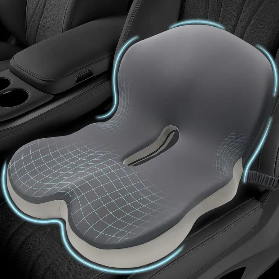 Cuscino in memory foam per seduta, per alleviare il dolore sciatico e alla schiena, cuscino ergonomico per sedia con cinturino regolabile e comfort di supporto.