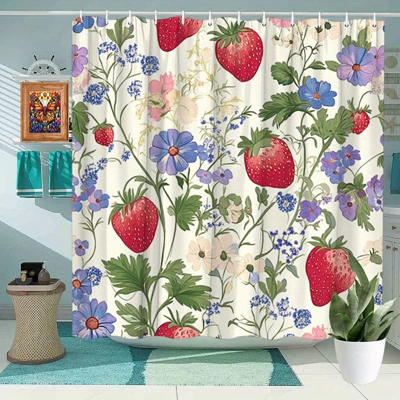 Tenda da doccia floreale vintage fragola da 1 pezzo - Fiori rossi e blu su bianco, poliestere, 70,8x70,8 pollici, 12 ganci, design stravagante