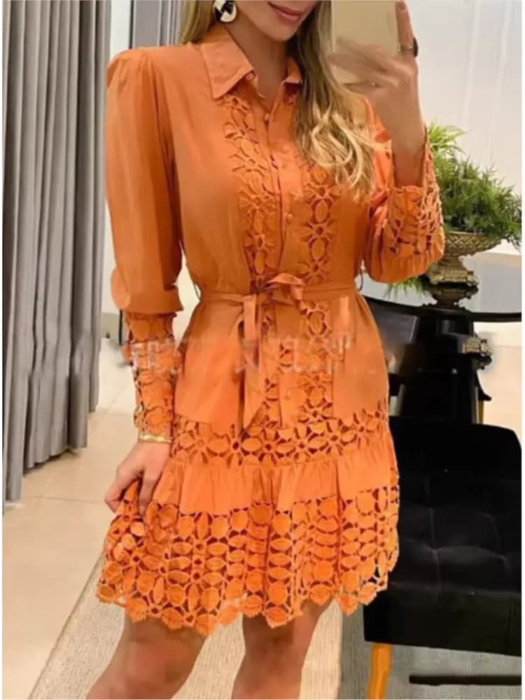 Abito in pizzo da donna Moda Solido Manica lunga Gancio Fiore Abiti vuoti Lady Casual Beach Party Gonna Abito estivo Abbigliamento donna