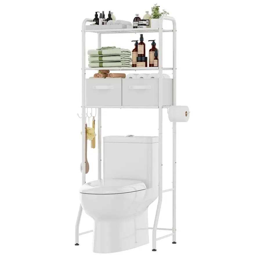 Scaffale portaoggetti da bagno di tendenza sopra il WC con cassetti, scaffale organizer in metallo a 3 livelli con porta carta igienica e 3 ganci, bianco