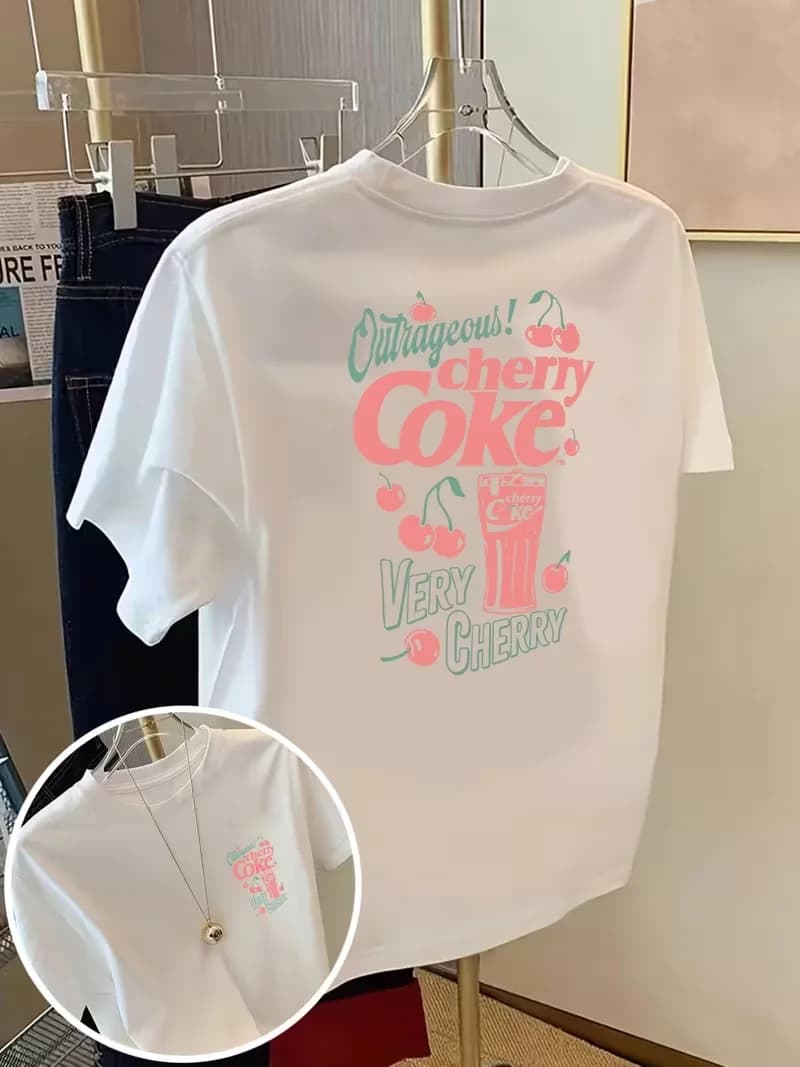 Lady's Tops, Cherry Coke Graphic T-Shirt, Front & Back Print Casual Crew Neck Short Sleeve Top, Spring Summer Daily Streetwear
