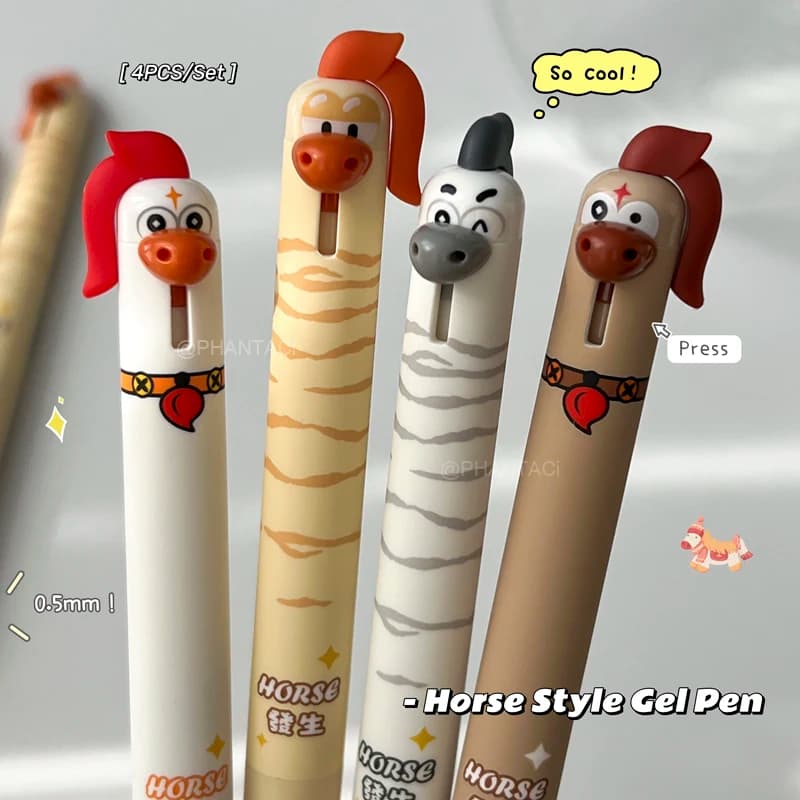Set di 4 Penne Gel con Design di Cavallo, Punta 0.5mm, Asciugatura Rapida, Inchiostro Nero, Penna Creativa a Forma di Animale, Articoli per Ufficio, Nuova Collezione