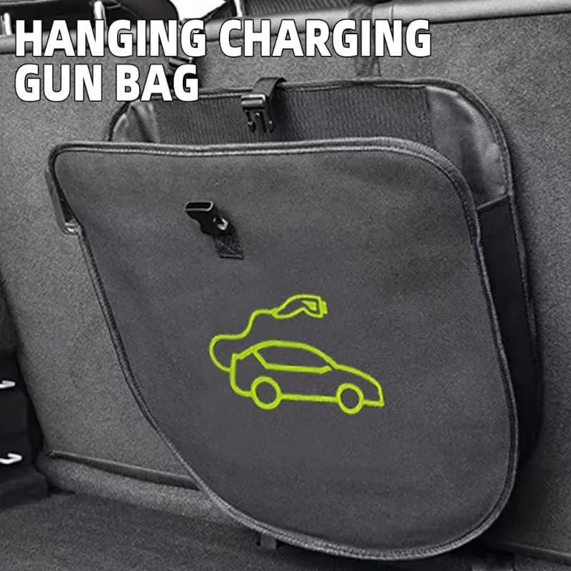 Borsa nera per organizer per caricabatterie e cavi da appendere per auto: design compatto, facile accesso e organizzazione del bagagliaio, chiusura con cerniera sicura