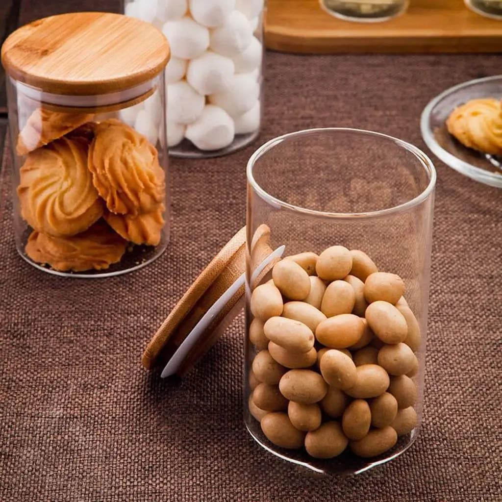Airtight Glass Food Container with Bamboo Lid Sealed Canister Storage Jar for Cereals Nuts Cookies and Spices
