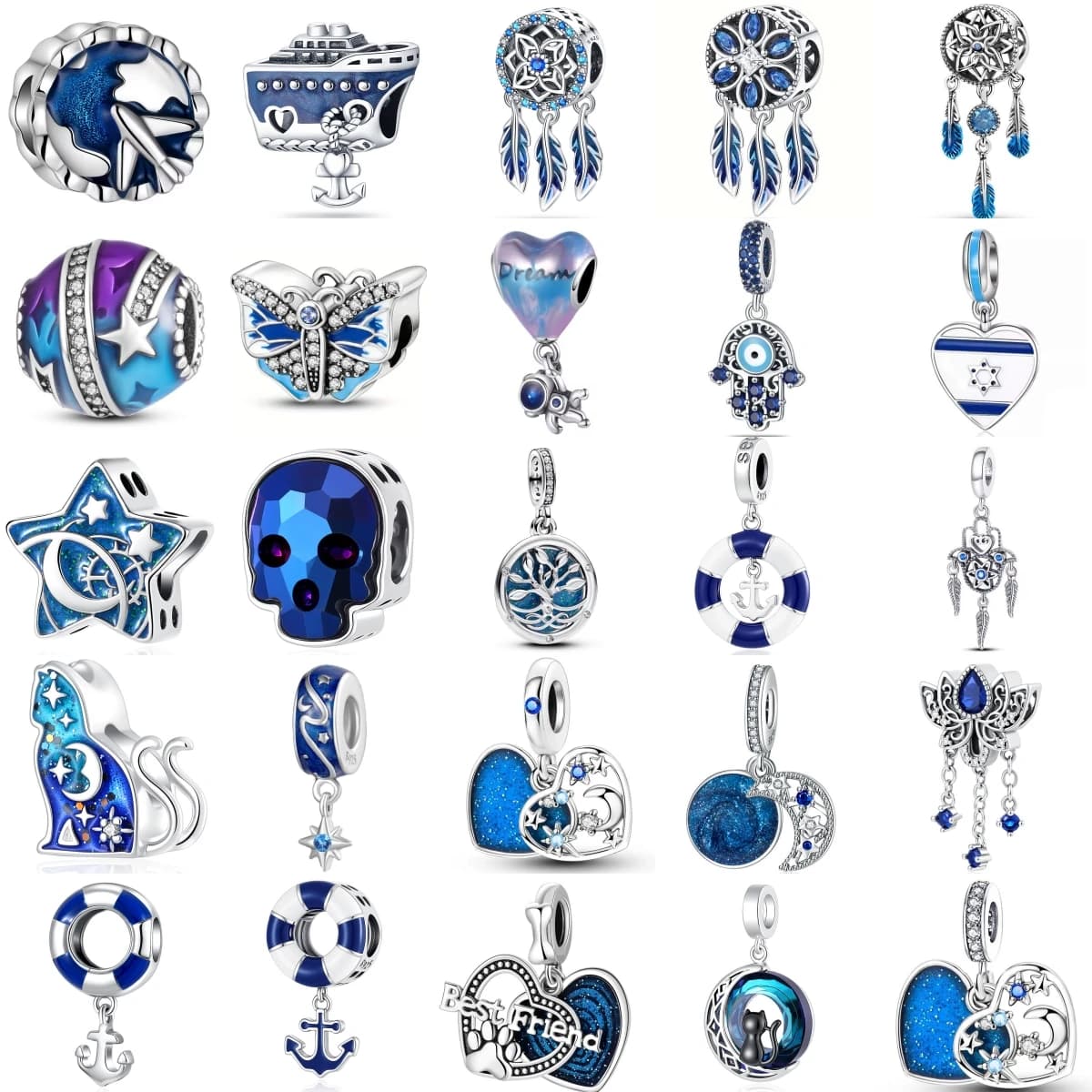 925 Sterling Silver Blue Series Charms Dream Catcher Night Sky Ship Beads Fit Original Bracelet Necklace DIY Jewelry