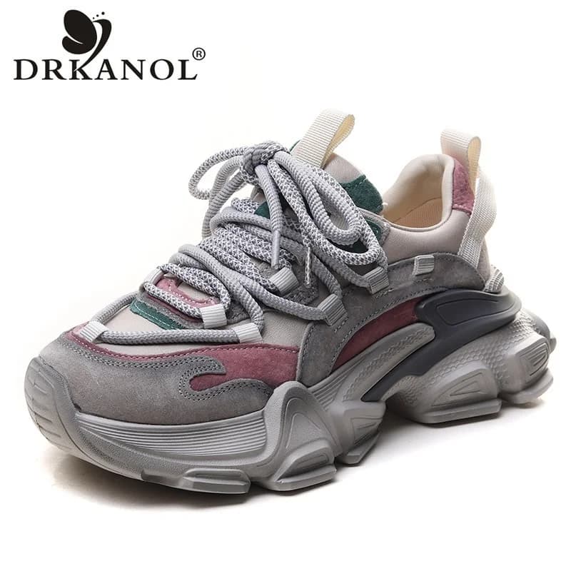 DRKANOL 2026 Women's Casual Fashion Sneakers, Mixed Colors, Vera Bovina Leather, Alert, Dad Shoes Style, Spicy Sole, Shoes with Plateau Chunky