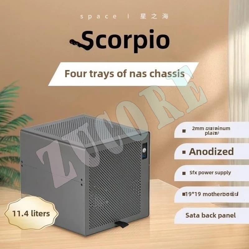 Scorpio 4 Staffa NAS Guscio in alluminio Alimentatore SFX ITX Mezza altezza PCIe Nero Synology AIO Archiviazione file MicroATX verticale