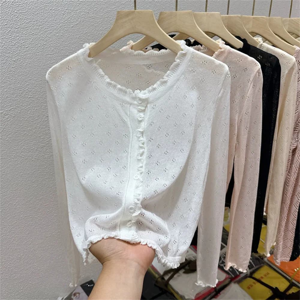 Cardigan in maglia sottile scavato carino stile coreano donna estate nero bianco beige rosa cardigan manica lunga slim corto con bottoni