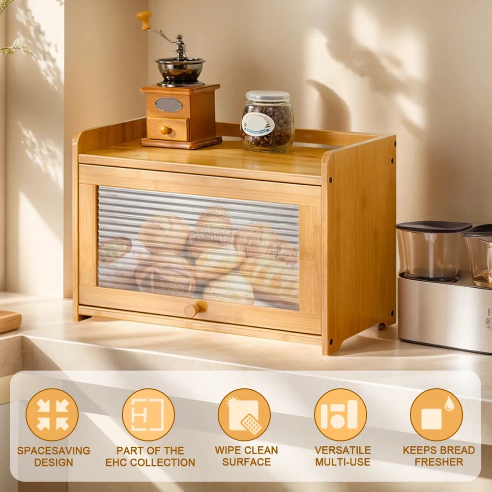 Bamboo Bread Bin Multi-Purpose Loaf Bread Box Clear Flap Door Bread Storage Container Large Capacity for Bagel Donut Cookies