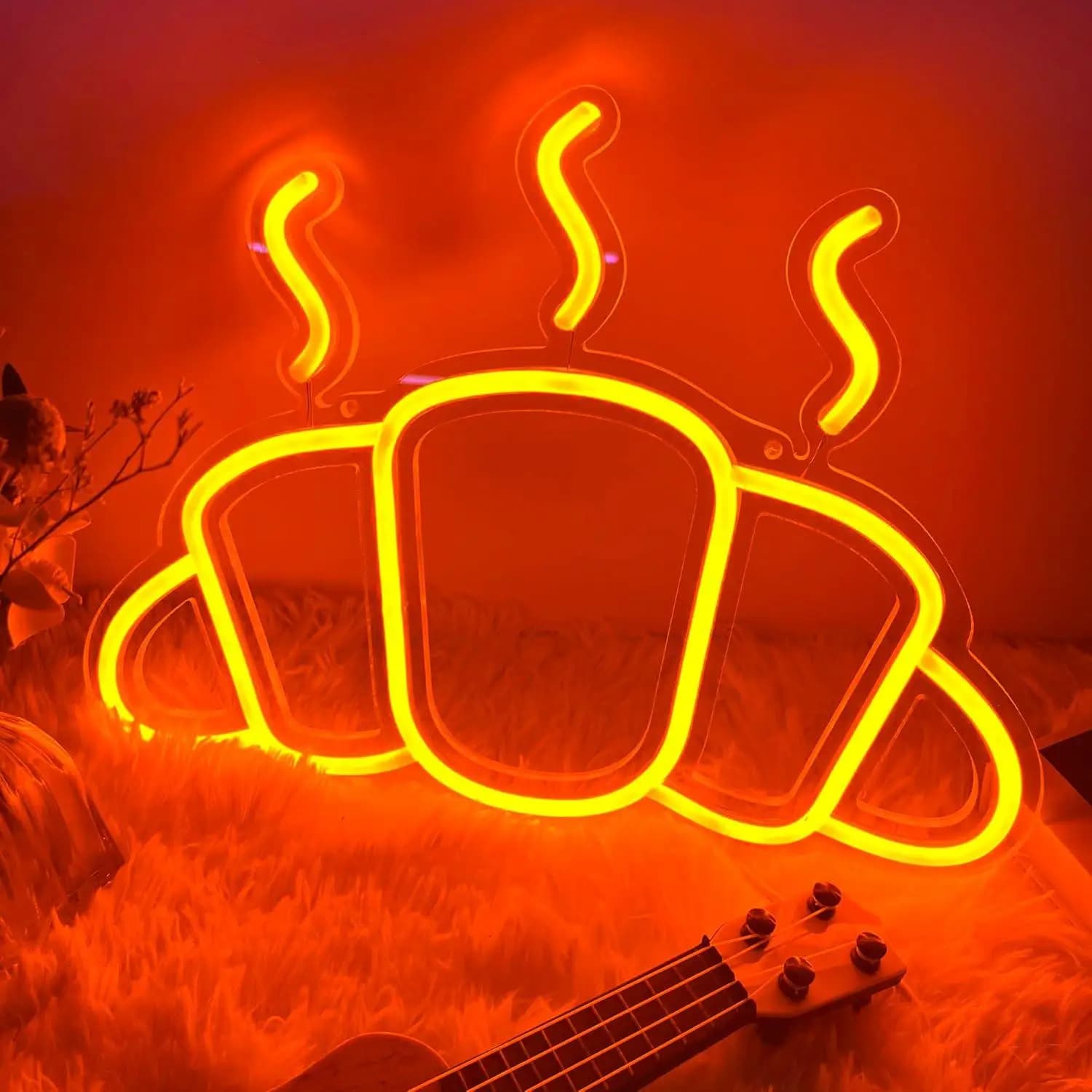Insegna al Neon a Forma di Croissant, Alimentata via USB, Dimmerabile, Luci al Neon a Forma di Pane per Cucina, Caffetteria, Camera da Letto, Decorazioni per Panetterie, Insegne LED per Attività Commerciali