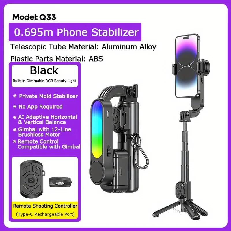 Selfie phone stick with Q33 smart stabilizer, anti-vibration extendable live streaming tripod, wireless portable camera stabilizer.