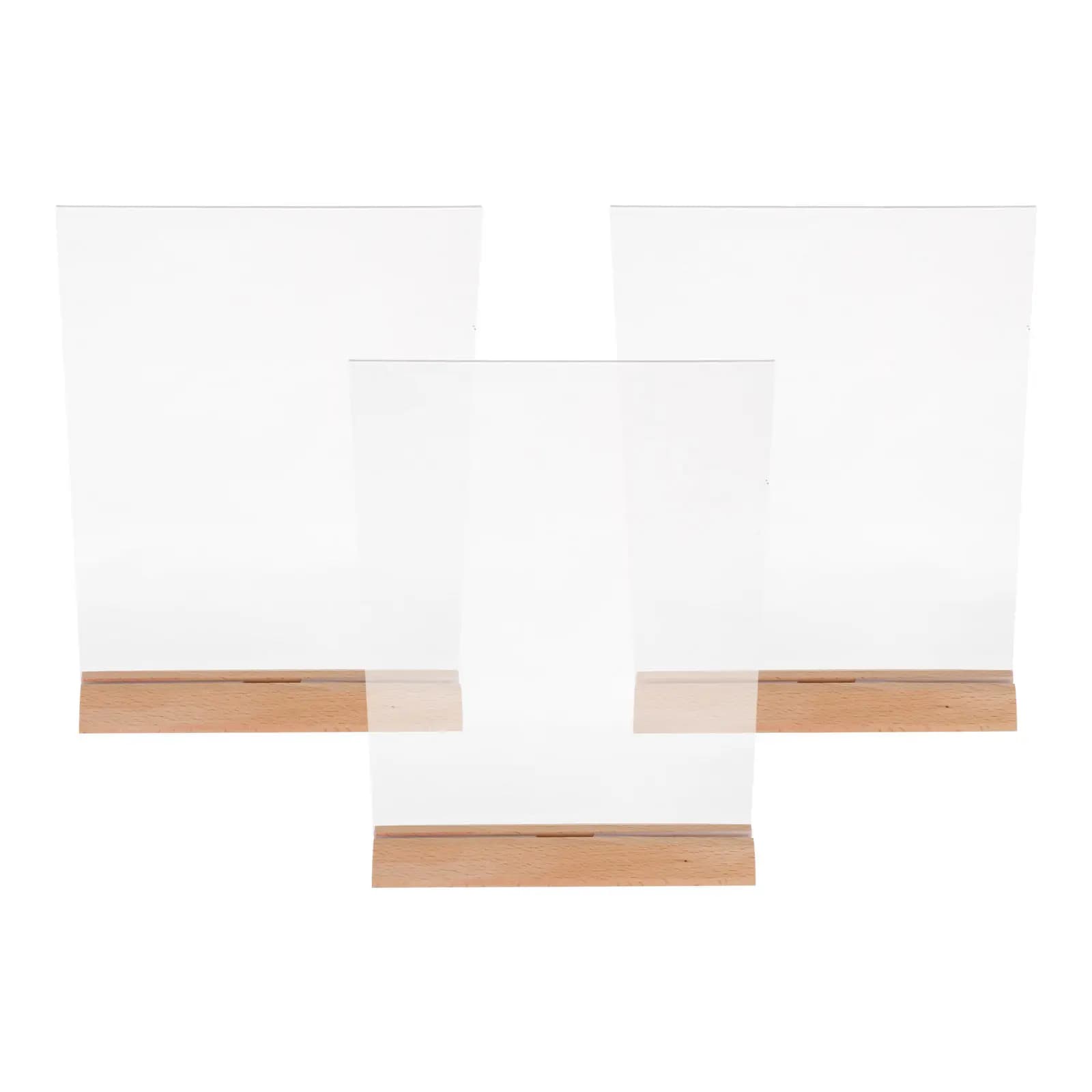 3Pcs Clear Acrylic Menu Poster Display Stands with Stable Wood Base T-Shaped Back for A4 Flyers Restaurant Office Table Sign